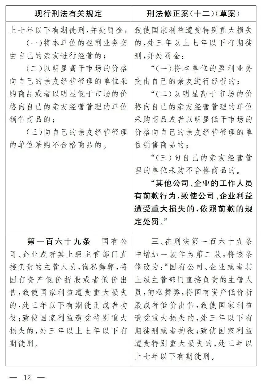 中华人民共和国刑法修正案（十二）（草案）对照表